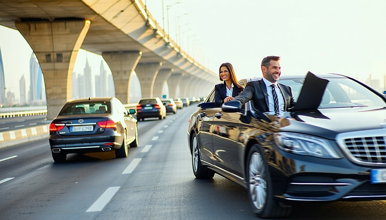 Business professionals commuting comfortably on Dubai highways