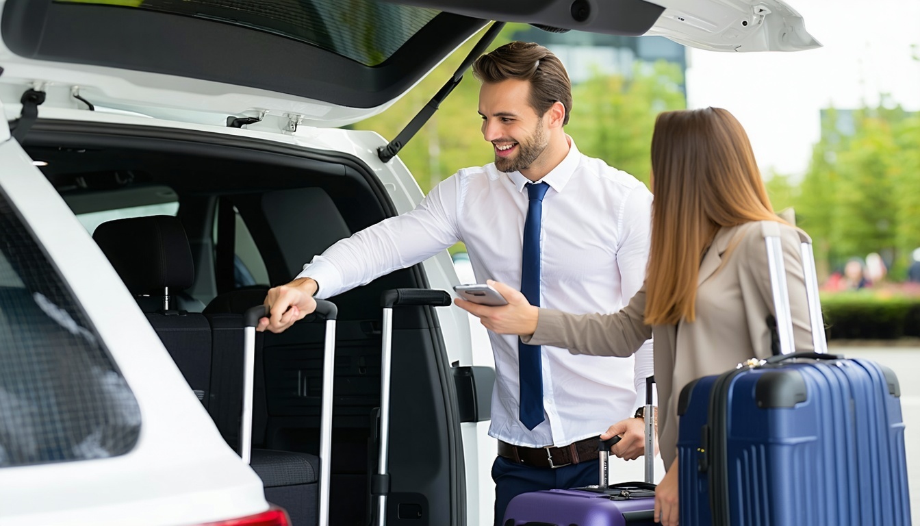 Professional driver assisting passenger with luggage