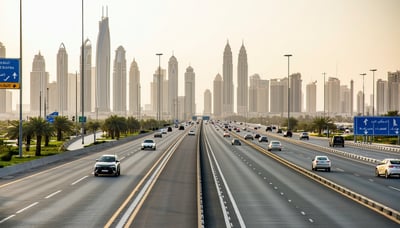 Dubai highway with modern vehicles and city skyline